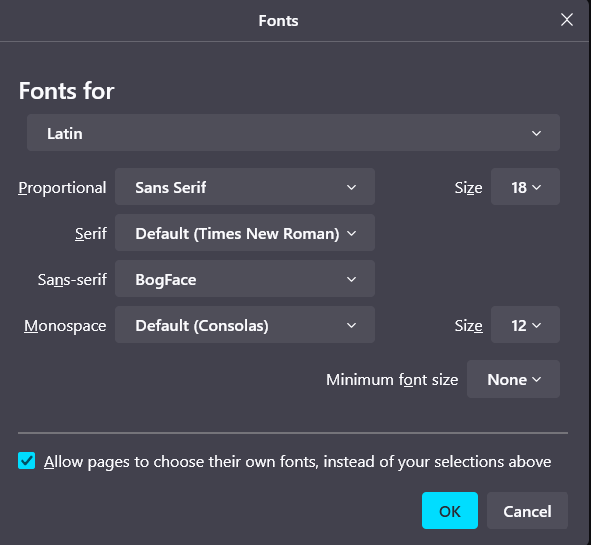 Screenshot of Firefox's font customise settings window