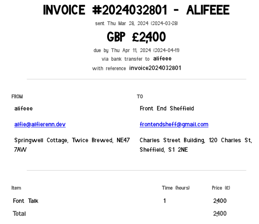 Screenshot of invoice using custom font
