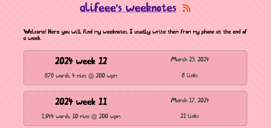 Screenshot of weeknotes.alifeee.co.uk