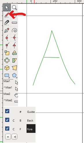 FontForge outline window, showing a stick-figure letter A. The pen tool is highlighted.