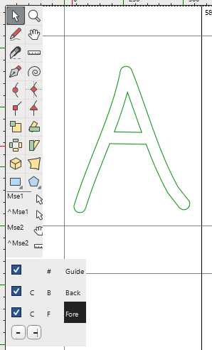 FontForge outline window, showing a bubbly letter A, which has been expanded from the previous stick-figure letter.