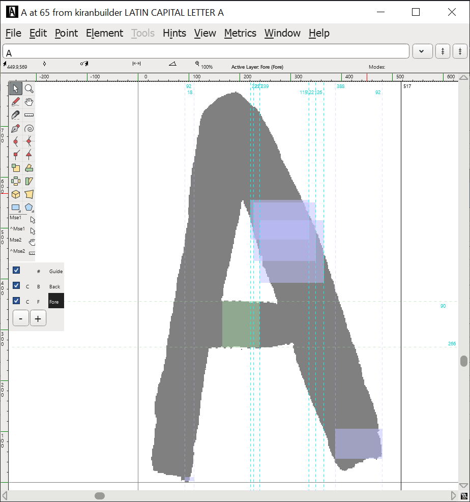 FontForge outline window, showing an outline of a letter A.