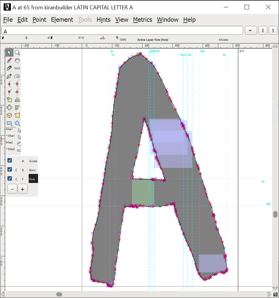 FontForge outline window, showing a letter A, with lots of Bezier points.