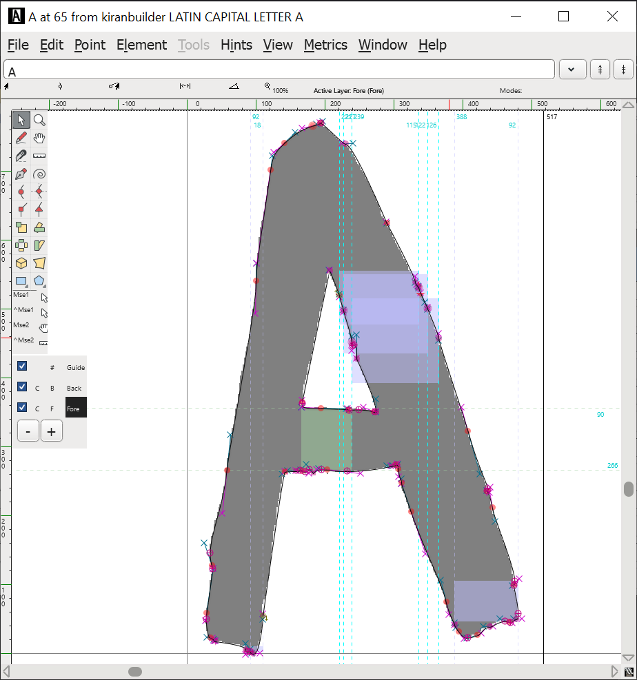 FontForge outline window, showing a letter A, with fewer Bezier points than the previous image.