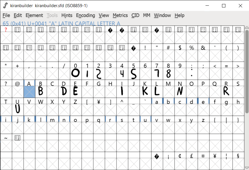FontForge bitmap window, showing lots of letters, some filled in.