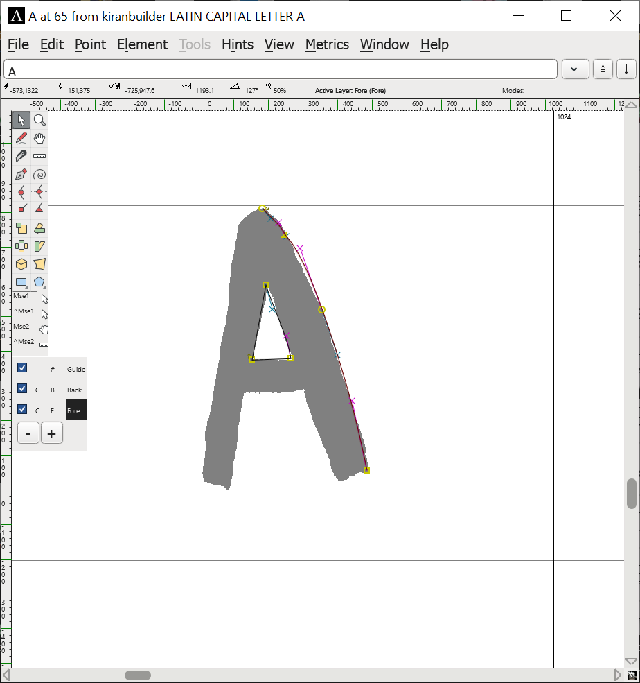 FontForge outline window, showing a half-drawn letter A, and Bezier points.