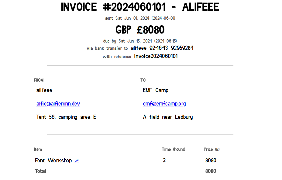 Screenshot of a fake invoice to EMF Camp, in BogFace font