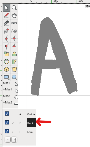 FontForge outline window, showing an outline of the letter A. The background layer is highlighted