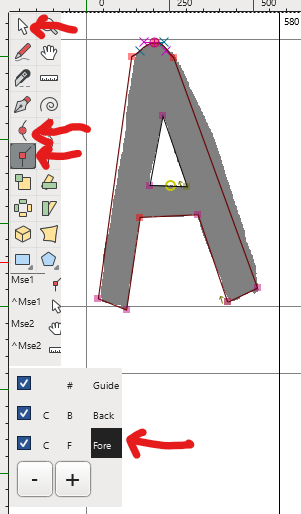 FontForge outline window, showing a letter which has been traced around with vector points. The pointer tool, curve bezier point tool, corner bezier point tool, and foreground layer are highlighted