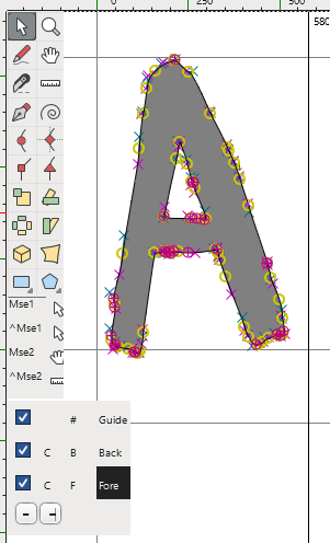 FontForge outline window, showing a letter which has been traced around with vector points. There are fewer points than the previous image, but still quite a few.