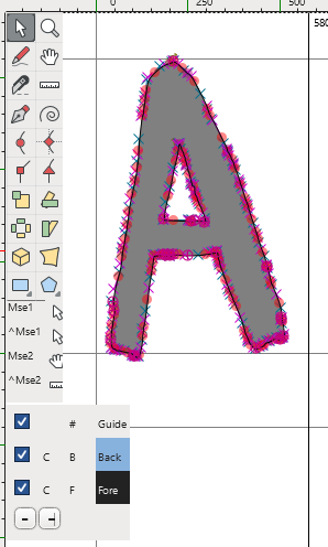 FontForge outline window, showing a letter which has been traced around with vector points. There are loads of points and it looks messy.