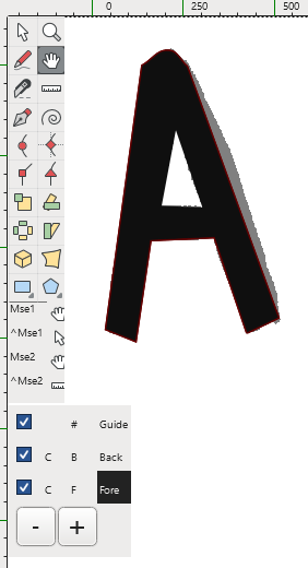 FontForge outline window, showing a black letter A silhouette.