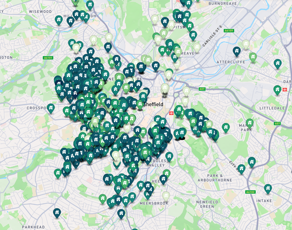 screenshot of a map of Sheffield, with lots of labelled pins visible of differend colours