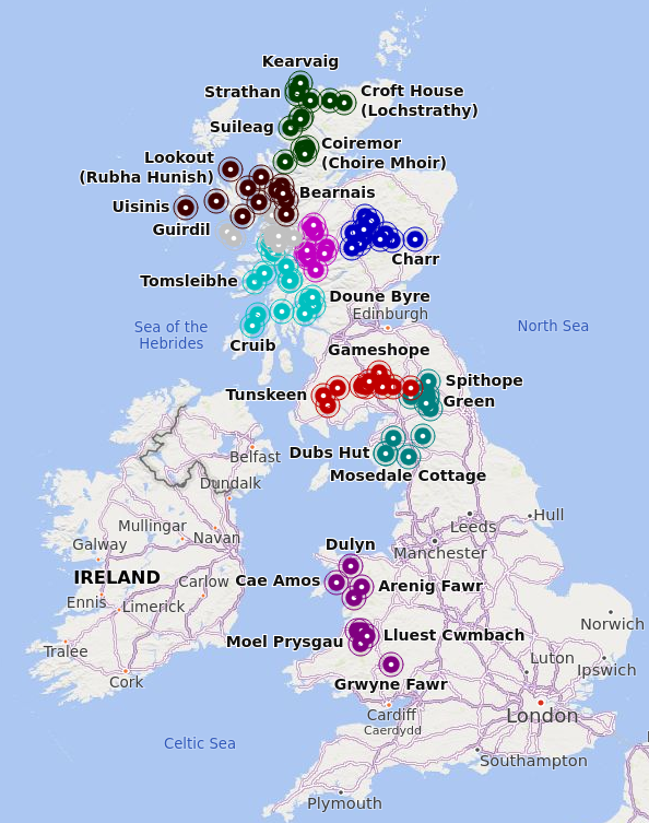 screenshot of a map of the UK, with lots of labelled pins visible