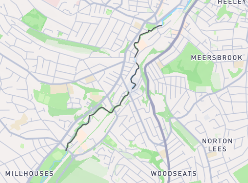 screenshot of a map of part of Sheffield, with a black line visible following a river