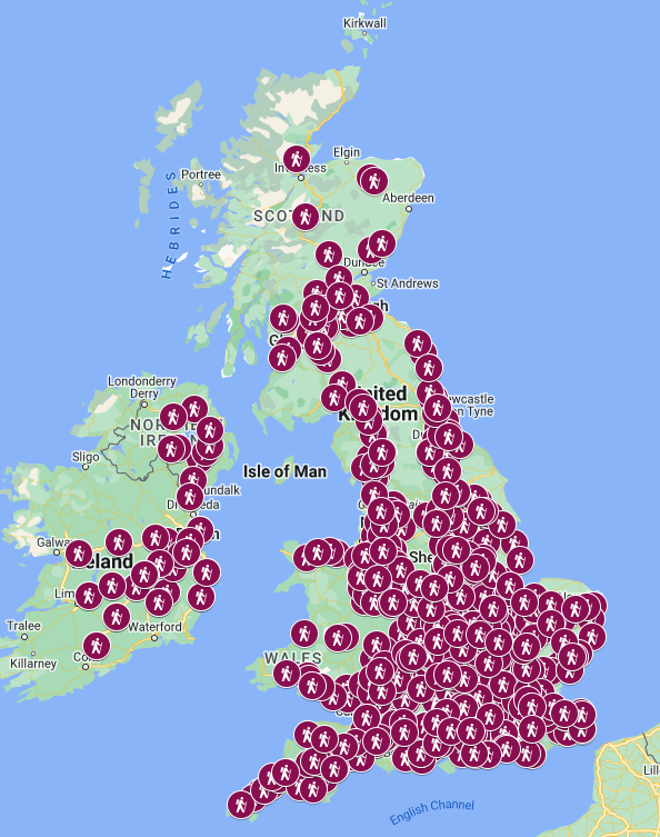 screenshot of a map of the UK, with lots of labelled pins visible