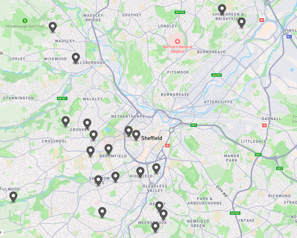 screenshot of a map of Sheffield, with a few pins visible